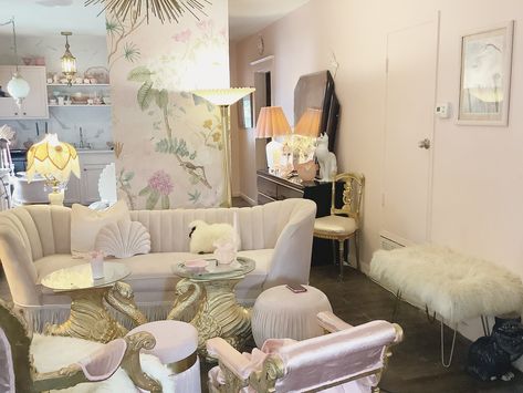 80s art deco revival mid century modern hollywood regency eighties glam pink living room 80s Glam Bedroom, Vintage Hollywood Dressing Room, 80s Glam Furniture, Pink Hollywood Glam Bedroom, Old Hollywood Aesthetic Room, 80s Art Deco Revival, 80s Art Deco, 80s Art, Modern Hollywood Regency