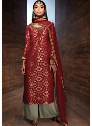 Red and Grey Banarsi Jacquard Palazzo Suit Banarsi Suit, Designer Palazzo, Party Wear Salwar, Desi Wedding Dresses, Lehenga Blouse Designs, Indian Designer Suits, Traditional Indian Dress, Palazzo Suit, Fancy Dresses Long