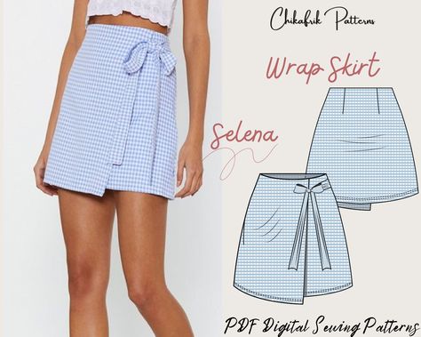 Women's Wrap Skirt Sewing Pattern (7 Sizes, 4-16) | PDF Digital Pattern | Mini Skirt Pattern | Wr... Wrap Skirt Pattern Free, Skirt Patterns Sewing Free, Free Wrap Skirt Pattern, Skort Sewing Pattern, Skirt Sewing Pattern Free, Wrap Skirt Sewing, Skort Pattern, Wrap Skirt Sewing Pattern, Creative Sewing Projects