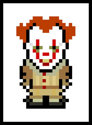 Here's my 8-bit design of Pennywise from the 2017 version of IT. Played expertly by Bill Skarsgård, this creepy 'clown' is sure to feast on your flesh as he feeds on your fear. #IT #Pennywise #PixelArt #8-bit - Robert Brookes. Clown Pixel Art Grid, Pennywise Perler Beads, Pennywise Pixel Art, Clown Pixel Art, Pixel Art Horror, Horror Blanket, Pixels Film, C2c Crochet Pattern Free, It Pennywise