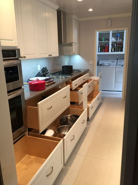 All lower drawers opened Drawer Lower Kitchen Cabinets, Lower Drawers In Kitchen, Kitchen With Lower Drawers Only, Big Kitchen Drawers, Kitchen Lower Drawers Only, Large Drawers In Kitchen, Lower Kitchen Cabinets All Drawers, Kitchen Drawer Cabinets, Deep Drawers In Kitchen