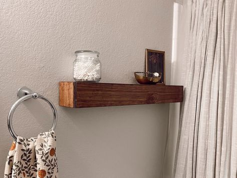 Towel Bars With Shelf, Shelf To Cover Towel Bar, Shelf Over Towel Bar, Diy Shelf With Towel Bar, Towel Rack Above Toilet, Towel Rack Bathroom Hanging Ideas, Diy Towel Rack Bathroom, Towel Bars In Bathroom, Renter Friendly Diy