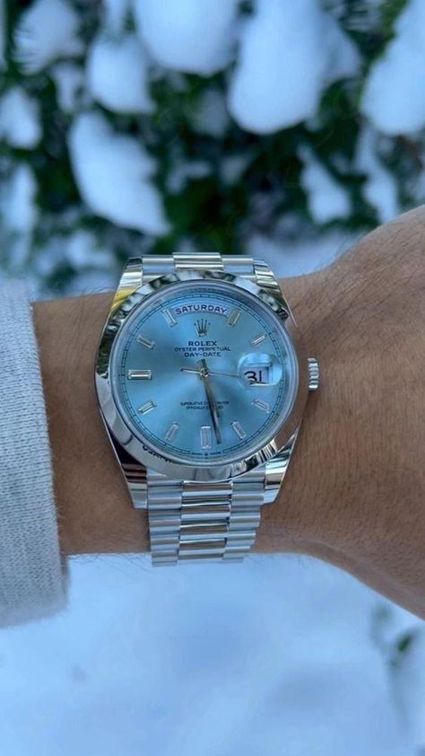 Platinum Rolex Day-Date 40 with a ice blue baguette dial Rolex Day Date Platinum Ice Blue, Rolex Blue Dial, Rolex Day Date 40, Rolex Blue, Rolex Day Date, 2025 Vision, Rolex Daytona, Simple Things, Rolex Datejust