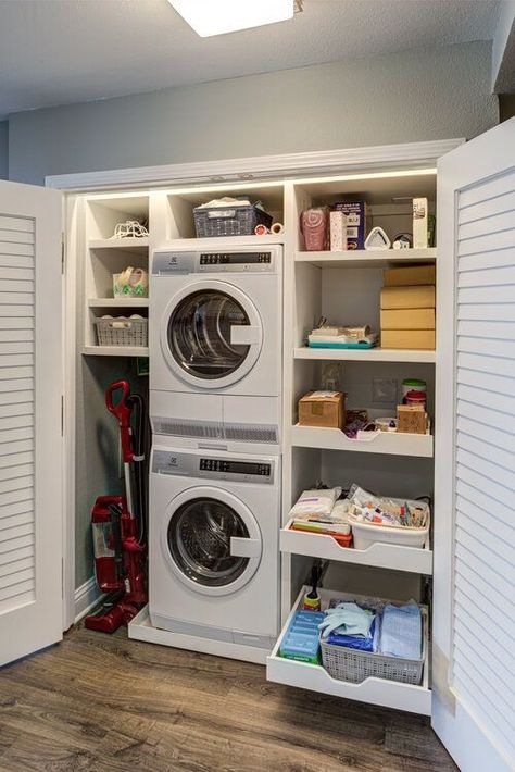 #storage #laundryroomdesign #laundry Laundry Pantry Closet, Reach In Laundry Closet, Laundry Room Linen Closet Combo, Laundry Room Ideas Front Loaders Washer And Dryer Pedestal, Laundry Room Ideas Small Space Stackable, Closet Laundry Room Ideas Hallways, Laundry In Closet, Laundry Closet Design, Stacked Laundry Closet