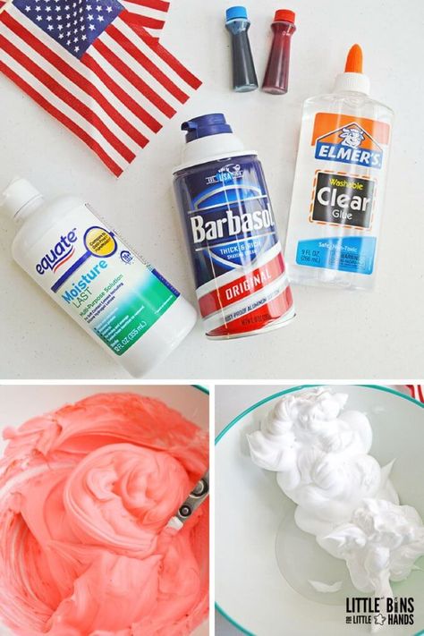 Slime Recipe With Shaving Cream, Slime Shaving Cream, Slime Recipe Clear Glue, 4th Of July Science, Slime Recipe Clear, Shaving Cream Slime Recipe, Shaving Cream Slime, Baking Soda Slime, Slime With Shaving Cream