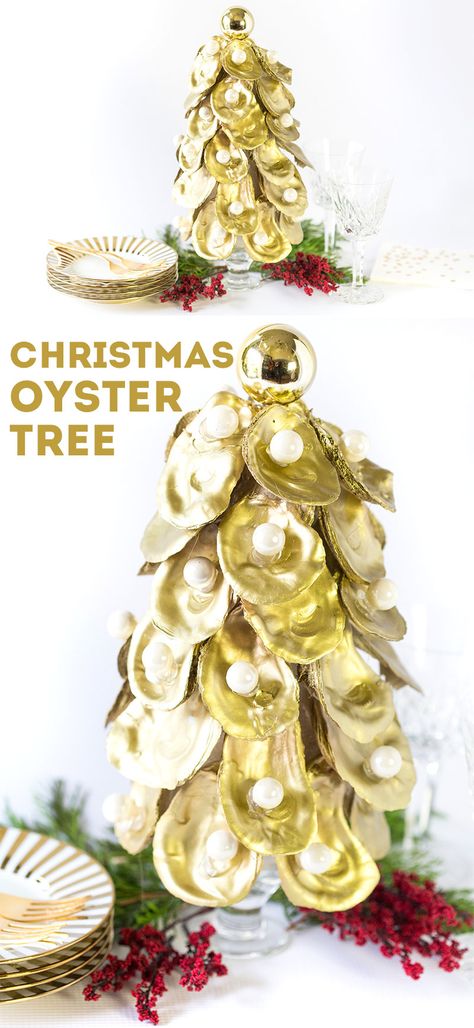 Elegant Christmas Photoshoot, Oyster Shell Christmas Tree, Christmas Tree Tumblr, Oyster Christmas, Shell Christmas Tree, Oyster Crafts, Oyster Shell Christmas, Shell Projects, Seashell Christmas