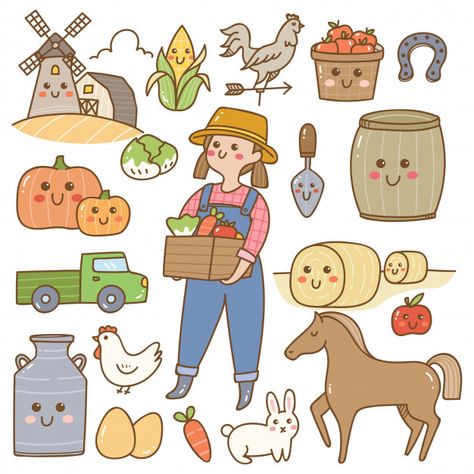 Farm Drawing, Farm Vector, Creative School Project Ideas, Recipe Drawing, Farming Equipment, Fashion Illustrations Techniques, Vector Food, Handmade Packaging, Cute Animal Drawings Kawaii