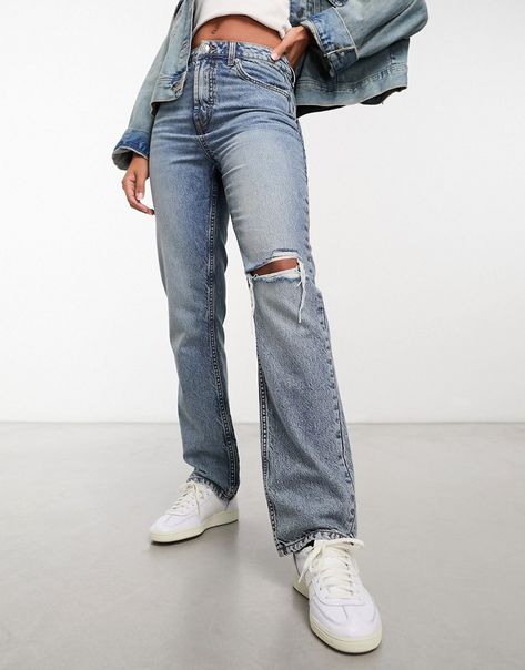 Jeans by ASOS DESIGN Serving straight-up style Slim from waist to mid thigh ​ Straight leg​ Mid rise Button fly Five pockets Ripped knee Asos Jeans, Ripped Knee Jeans, Winter Party Dress, Jumpsuit Shorts Rompers, Long Black Dress, Mid Rise Jeans, Satin Slip Dress, Lingerie Sleepwear, Adidas Samba