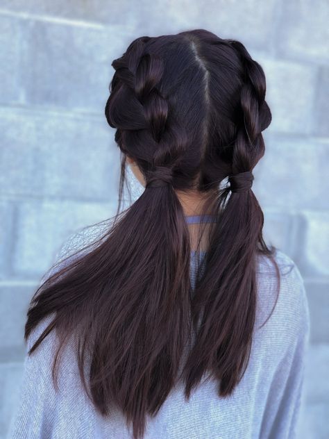 Plaits Into Pigtails, Braid With Pigtails, High Pigtail Braids, French Braided Pigtails, Low Pigtail Hairstyles, Dutch Braid Pigtails, Bubble Pigtails Short Hair, Double Braid Hairstyles, Cheer Hairstyles