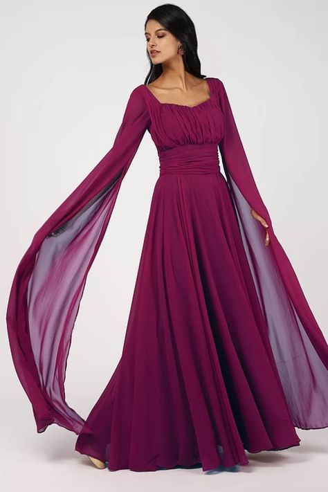 Burgundy Long Sleeves Dress Cape Sleeves Dress Bridesmaid Dress Chiffon Gown Long Dress Custom Flowy Dress Extra Flared Maxi Gown - Etsy Canada Flowy Sleeve Prom Dress, Wedding Dress With Long Flowy Sleeves, Miku Mermaid, Flowy Dress With Sleeves, Reception Dress Long, Red Flowy Dress, Burgundy Long Sleeve Dress, Event Dresses Long, Coquette Party