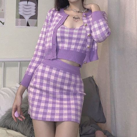 21fe5b8ba755eeaece7a450849876228desc52059739ri Crop Top Mini Skirt, Mini Skirt Summer, Korean Summer Outfits, Cardigan Crop Top, Purple Outfits, E Girl, Cardigan Crop, Skirt Summer, Kawaii Fashion Outfits