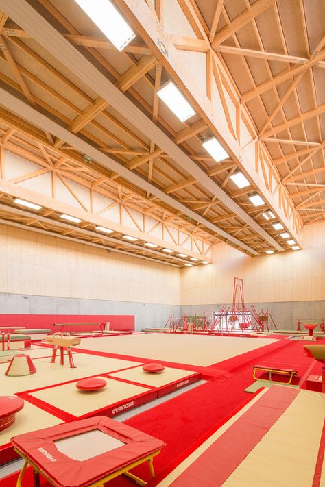 Wall and roof construction above ground level is made of timber. © 11h45 Gymnastics Gymnasium, Gymnasium Architecture, Dance Studio Design, Gymnastics Center, Gymnastics Room, Campus Design, Gymnastics Gym, Sport Park, Sport Hall