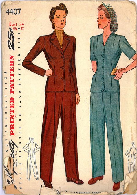 Simplicity 4407; ©1942; The slacks are seamed at the sides and waistline is fitted with small pleats. The jacket is dart-fitted through the waistline and seamed down the center back. The neckline may be finished with a notched collar or smartly collarless. Welt pockets trim the front. Long or short sleeves. Contents[show] Links to reviews/blog posts Sources/Vendors So Vintage Patterns.Com Bust 36 Gallery Wishlist Flowy Dress Pattern, Wwii Fashion, 1940s Dress Pattern, Simplicity Patterns Dresses, Simplicity Patterns Vintage, Vintage Vogue Sewing Patterns, Dresses By Pattern, Slacks For Women, Suit Pattern