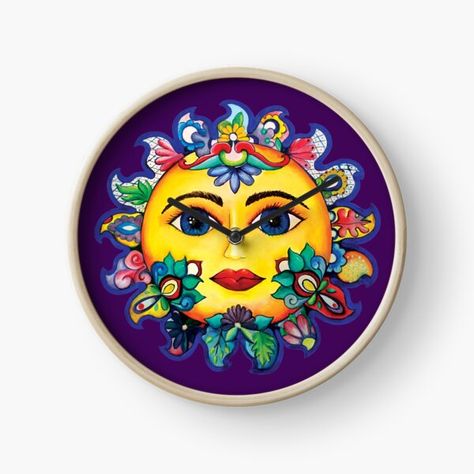 Watercolor sun inspired in the mexican ceramic • Millions of unique designs by independent artists. Find your thing. Weird Clocks, Mexican Kitchen Ideas, Clock Watercolor, Sun Clock, Spanish Mansion, Mexican Plates, Aztec Symbols, Mexican Kitchen Decor, Mexican Kitchen