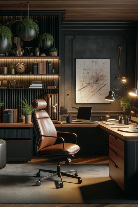 Men’s At Home Office, Tommy Shelby Office, Basement Home Office Ideas Masculine, Man's Office Ideas, Men’s Small Office, Office Ideas Man, Vintage Office Ideas For Men, Wood Slat Wall Office, Home Office Ideas Masculine