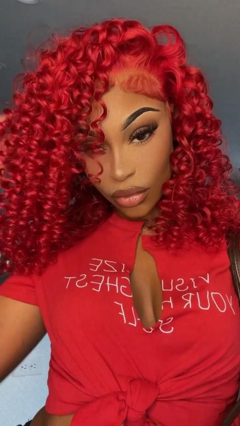 Red Middle Part Frontal Wig, Fire Red Lace Front Wigs, Red Wig Black Roots, Red Curly Bob Wig, Red Curly Flip Over Quick Weave, Red Wand Curl Wig, Red Curls Black Women, Red Half Up Half Down Hair Black Women, Red Flip Over Quick Weave