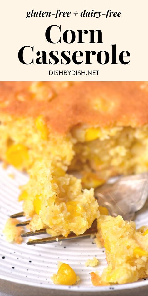 This gluten-free corn casserole is chock full of sweet corn kernels, with a moist and tender crumb and baked till golden brown perfection on top. It's the perfect side dish for your Thanksgiving table or any holiday dinner. Totally dairy-free too. Gluten Free Corn Casserole, Gluten Free Lemon Bars, Gluten Free Cornbread, Corn Casserole Recipe, Gluten Free Thanksgiving, Bean Flour, Baked Corn, Egg Free Recipes, Corn Casserole