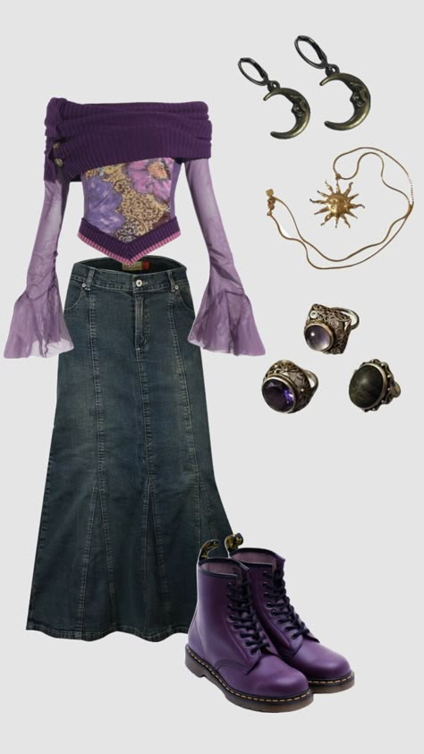 whimsigoth outfit inspo #whimsigoth #whimsygoth #purple #witch #outfitinspo #inspo #outfit #fashion #astrology Witch Core Outfits, Purple Fashion Outfit, Witch Aesthetic Outfit, Witchy Outfits, Goth Fits, Purple Goth, Purple Witch, Interesting Outfits, Purple Fits