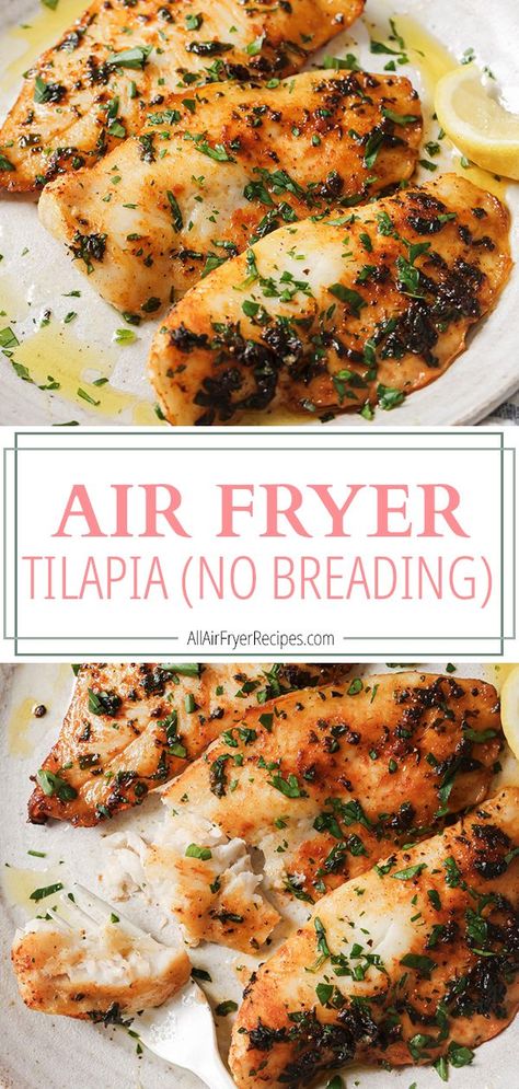 This Air Fryer Tilapia recipe cooks in just 7 minutes with only 5 ingredients! It's a mild, easy to cook fish that's great for beginners! Beginner Fish Recipes, Tilapia In The Air Fryer, Cooking Fish For Beginners, Low Calorie Tilapia Recipes, Grilled Fish In Air Fryer, Airfry Tilapia Recipes, Easy Talapia Ideas Air Fryer, Air Fry Tilapia Fillet, Basa Fillet Recipes Air Fryer