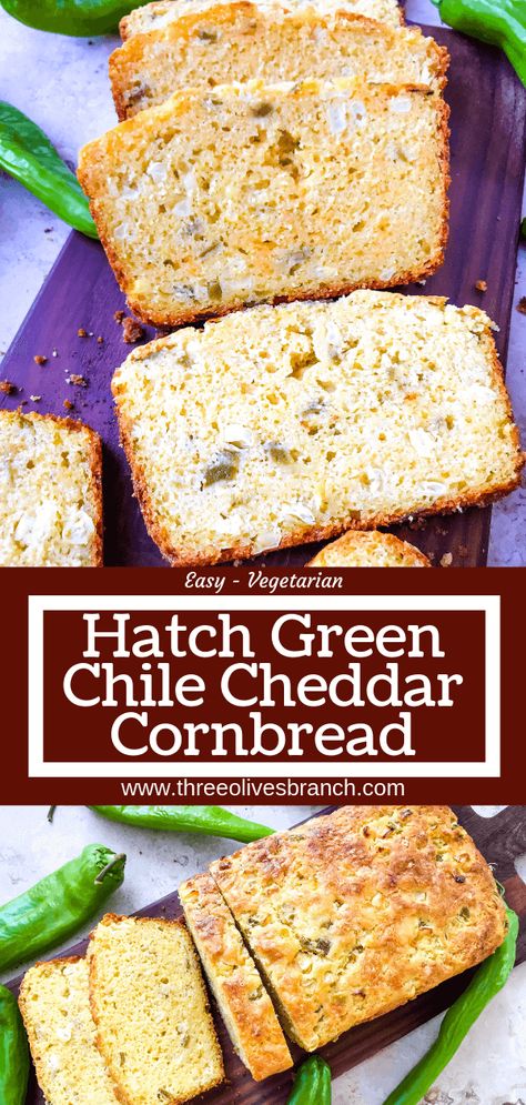 A simple cornbread recipe, Hatch Green Chile Cheddar Cornbread highlights fall flavors. Roasted diced chile peppers with cheddar cheese and corn. Great for fall on its own or with chili. #cornbread #hatchpeppers Hatch Chili Cornbread, Green Chili Cheese Cornbread, Simple Cornbread Recipe, Simple Cornbread, Green Chili Cornbread, Green Chile Cornbread, Fall Bread Recipes, Chili Cornbread, Easy Cornbread Recipe