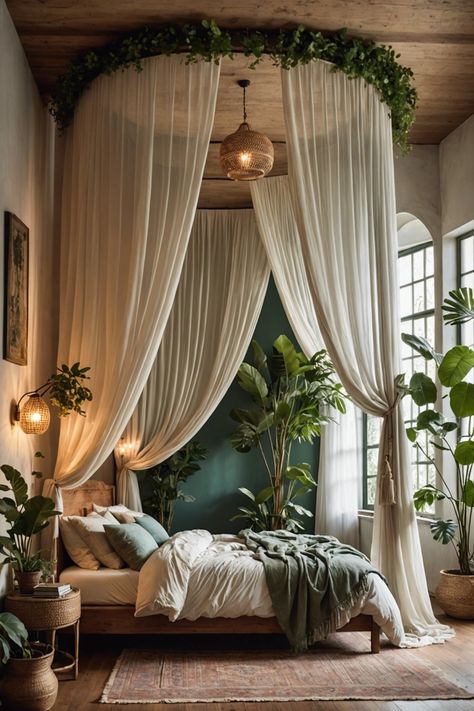 20 Small Boho Style Bedroom Ideas To Make Your Room Feel Bigger – ToolzView Privacy Curtain Around Bed, Spa Bedroom Decor Ideas, Romantic Master Bedrooms Decor On A Budget Beautiful, Hang Fabric From Ceiling, Curtain On Bed, Canopy Over Bed Ideas, Canopy Bed In Corner Of Room, Canopy Bed High Ceiling, Bedroom Wall Curtain Ideas