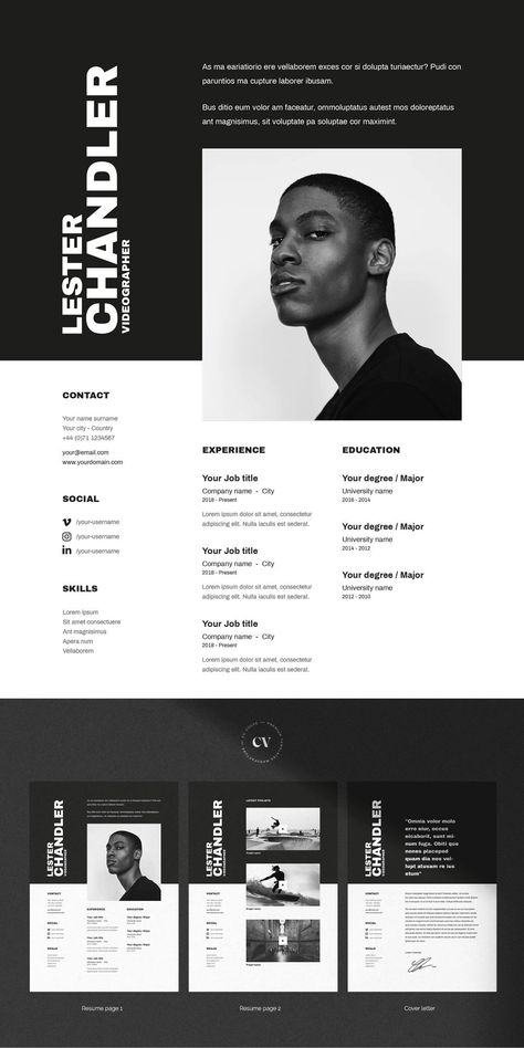 Lester CV resume template. A minimalist and creative template perfect for creative job like: videogapher, art director, photographer,.. Lester contains three pages. The first page for your resume, the second for your portfolio and the third for cover letter. Cv, Resume, Template, Cv Resume, Resume Cv, Word, Indesign, Photoshop, A4 Resume, Us Letter Resume, Cover Letter, Clean Resume, Clean Cv, Curriculum Vitae, Creative Resume, Creative Cv, Elegant, Minimalist #resume #afflink #resumedesigns Curriculum Vitae Design Minimalist, Elegant Resume Design, Art Director Resume, Portfolio Cover Design Creative, Minimalist Graphic Design Portfolio, Creative Job Application, Creative Cv Ideas, About Me Design, Cool Cv