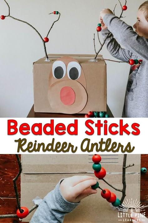 Beaded Reindeer Antler Sticks • Little Pine Learners Christmas Fine Motor, Christmas Activities For Toddlers, Preschool Christmas Activities, Activity For Preschoolers, Fine Motor Activity, Making Patterns, Reindeer Craft, Winter Activities For Kids, Reindeer Antlers