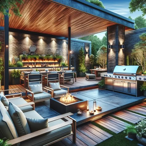 Unveil a bachelor's ultimate sanctuary - a spacious outdoor patio with a state-of-the-art grilling section. The area features a cozy lounge, glass fire pit, bar counter, mini-fridge, and a flat-screen TV, skillfully blended with warm lighting and beautiful greenery. #OutdoorLiving #GrillMaster #PatioGoals #BachelorsPad #OutdoorCooking #LuxuryLiving Grill Terrace Design, Roof Top Bar Design Home, Pergola Grilling Area, Fire Pit And Grill Area, Luxury Bbq Area, Glass Room On Rooftop, Rooftop Garden With Bbq, Roof Deck With Jacuzzi, Sky Lounge Design Rooftop Bar