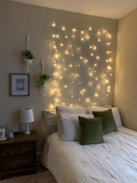 Bedroom Fairy Lights Above Bed, Hanging Lights Above Bed, Room Inspo Fairy Lights, Fairy Lights Above Bed, Bedroom Wall Decor Ideas Above Bed, Lights Above Bed, Bed Against Wall, Fairy Curtain Lights, Bedroom Fairy Lights