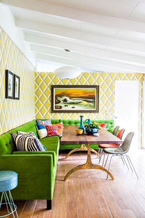 I know you guys have figured out that I love color.  Let these colorful, beautiful rooms brighten your day! Eclectic Dining Room, Green Couch, Rooms Ideas, Green Sofa, Banquette Seating, Dining Nook, Room Remodeling, Modern Dining Room, Dining Room Design