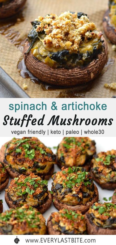 Paleo Stuffed Mushrooms, Spinach Artichoke Stuffed Mushrooms, Artichoke Stuffed Mushrooms, Portabella Mushrooms Recipes, Vegan Stuffed Mushrooms, Artichoke Stuffed, Portobello Mushroom Recipes, Paleo Appetizers, 2b Mindset