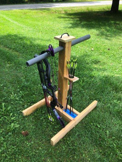 Bow Stand Diy, Bow Stand Archery, Compound Bow Holder, Sawmill Projects, Diy Archery Target, Diy Archery, Diy Hunting, Copper Plumbing, Outdoor Shooting Range