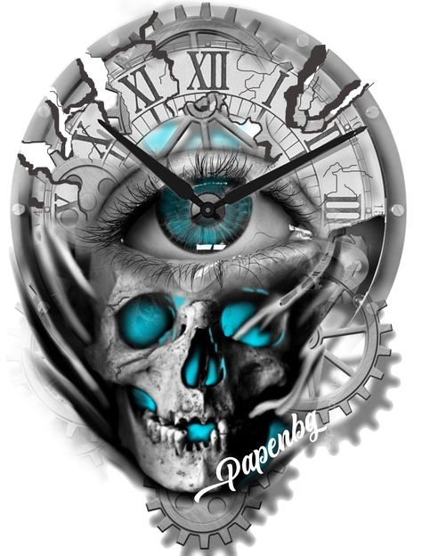 Skull With Blue Eyes Tattoo, Time Piece Tattoo, Clock Tattoo Sleeve, Realistic Eye Tattoo, Skull Tattoo Flowers, Colored Tattoo Design, Mayan Tattoos, Tattoo Fashion, Skull Sketch