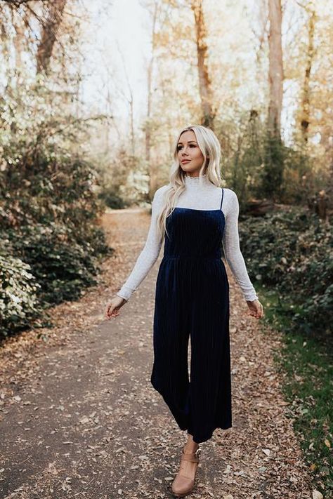 Homecoming Velvet Jumper in Navy Layered Jumpsuit Outfit Fall, Women’s Jumper Outfit, Velvet Jumper Outfit, Navy Jumper Outfit Women, Layering Jumpsuit, Fall Jumper Outfit, Cute Jumper Outfits, Jumper Outfit Winter, Velvet Jumpsuit Outfit