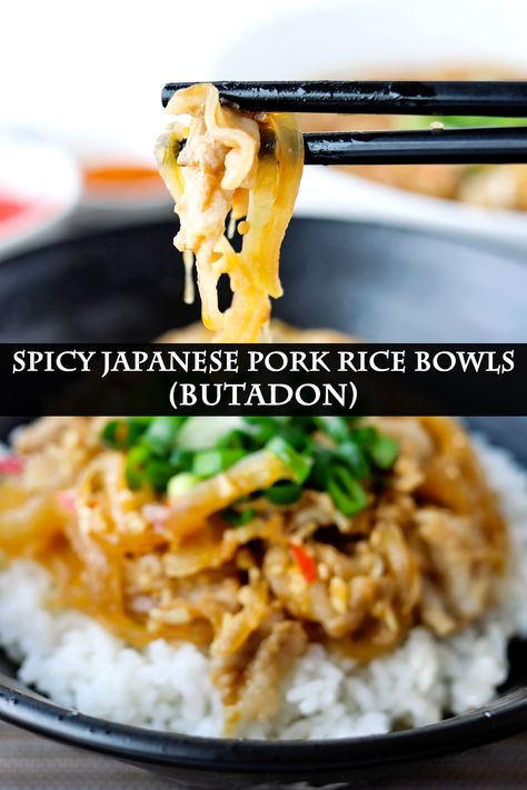 This Japanese Pork Rice Bowl is quick and easy to make, packed with umami, and extremely comforting! Pork belly is simmered with onions and aromatics in a slightly sweet and mouthwatering sauce. #japaneseporkricebowl #butadon #porkbowl #japanesepork #porkbelly #asianfood #japaneserecipe #dinner #weeknightdinner #easyrecipes | That Spicy Chick Japanese Pork Rice Bowl, Japanese Pork Recipes, Che Recipe, Japanese Meat, Sliced Pork Belly, Japenese Food, Bowls Recipes, Pork Belly Slices, Japanese Rice Bowl