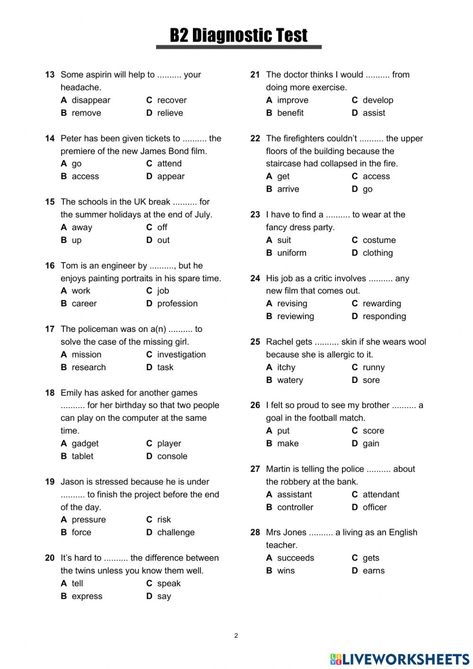 B2 Diagnostic Test worksheet B2 English Worksheets, English Test For Beginners, Test With An A+, Ukg English Test Paper, English Test For Grade 2, Grammar Test Worksheets, B2 Level English Grammar, Free English Courses, English Grammar Test