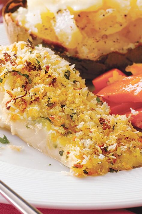 This 30-minute cod is baked, not fried, but still has a satisfyingly crispy, crunchy crust. Try baked white potatoes or sweet potatoes, cooked in the microwave to save time, on the side.#seafood #seafoodrecipes #seafooddishes #recipes Potato Crusted Cod, Crispy Baked Cod, Crusted Cod, Bread Crumbs Recipe, Crumb Recipe, Fish Recipes Baked, Cod Recipe, Pecorino Romano Cheese, Cod Recipes