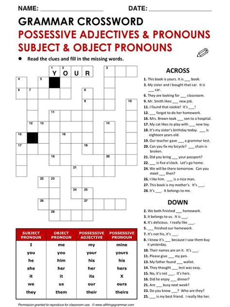 This is a great crossword puzzle to practice the different kinds of pronouns (possessive adjectives and pronouns, subject and object pronouns) with your ESL students. English Pronouns, English Grammar Test, Subject Object, Possessive Adjectives, Possessive Pronoun, Object Pronouns, Grammar Quiz, Present Continuous, English Teaching Materials