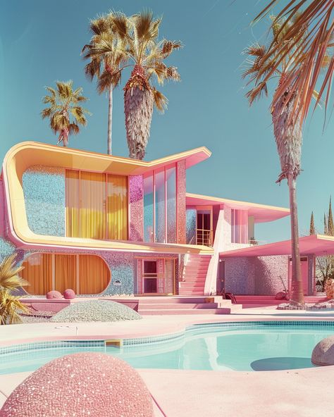 Mid Century ✨Modern✨ #pinkcore #mcm #midcenturyarchitecture #dreamarchitecture #dreamdesign #palmsprings #palmspringsarchitecture #glittercore #pinkandyellow #architecture #thisisnotreal #aiarchitecture #aicommunity #aidesign #glitter Mid Century Modern Building, 60s Architecture, Mid Century Modern Architecture, Miami Architecture, Sky Window, 60s House, Palm Springs Architecture, Vintage Coffee Shops, Dream House Aesthetic