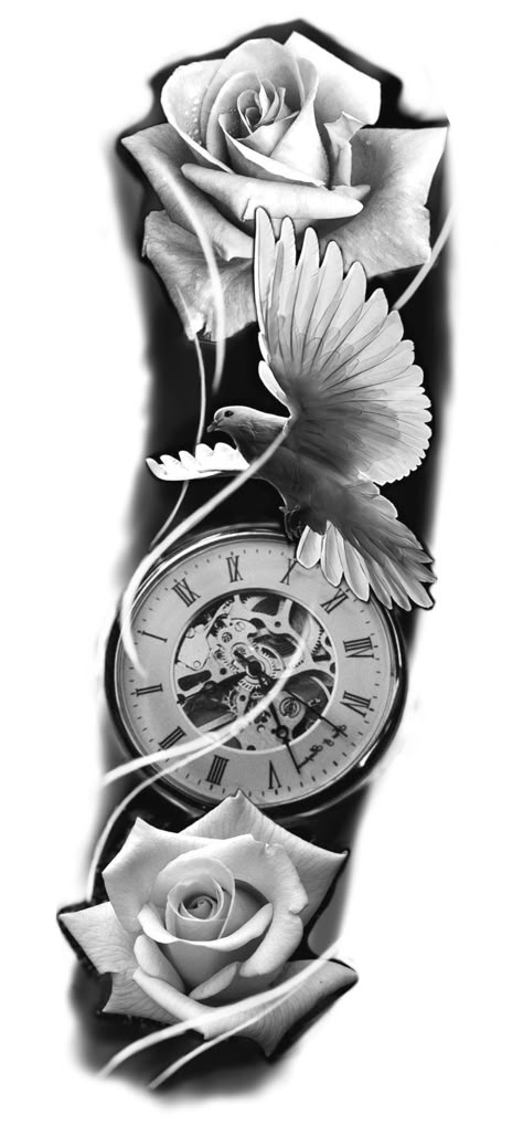 Roses With Clock Tattoo Design, Dove Clock Rose Tattoo Stencil, Clock Roses Tattoo Design, Rose Pocket Watch Tattoo, Dove Roses Tattoo Design, Rose Watch Tattoo Design, Rose And Dove Tattoo Design, Clock Rose Tattoo Stencil, Rose And Clock Tattoo Design