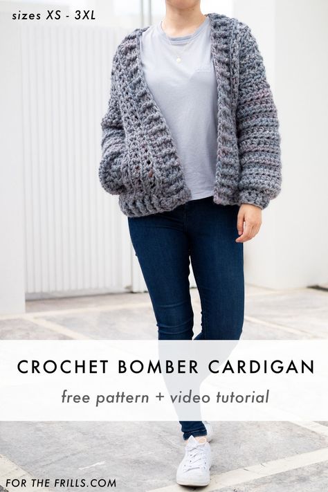 Learn how to crochet a chunky cardigan with this easy step-by-step video tutorial! Modern, cosy and comfy, this crochet sweater keeps you snug and warm on blustery winter days! There are also instructions for hidden crochet pockets. This is free crochet pattern ranges from sizes XS-XL #crochetcardigan #freecrochetpattern #lionbrandyarn #bombercardigan Crochet Cardigan Super Bulky Yarn, Easy Chunky Crochet Cardigan, Top Down Crochet Raglan Cardigan Pattern Free, Bulky Cardigan Crochet Pattern, Crochet Jacket Pattern Free Easy, Chunky Yarn Cardigan Crochet Pattern, Crochet Chunky Cardigan Pattern Free, Chunky Crochet Cardigan Pattern Free, Chunky Cardigan Pattern