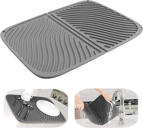 EASY FOLDABLE DISH DRAIN MAT Counter Clean, Pet Food Mat, Dish Drainers, Food Mat, Dish Racks, Grey Kitchens, Dish Drying Mat, Drawer Liner, Kitchen Utensils Gadgets