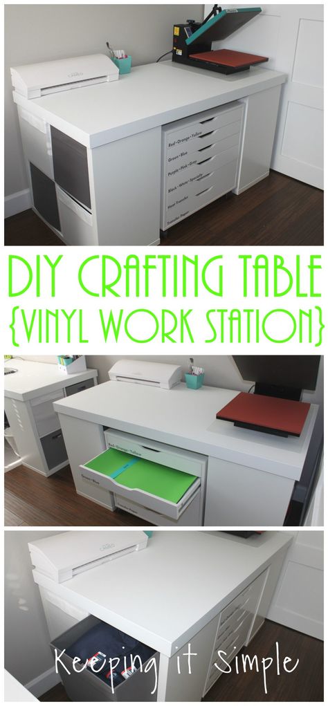 DIY Crafting Table {Vinyl Work Station} - Keeping it Simple Diy Crafting Table, Crafting Station, Room Setup Ideas, Craft Tables With Storage, Craft Room Tables, Crafting Table, Vinyl Table, Craft Table Diy, Small Craft Rooms