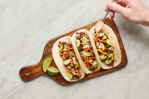 One-Pan Banh-Mi-Style Beef Tacos Recipe | HelloFresh Banh Mi Tacos, Soft Tacos Recipes, Weeknight Dinner Recipes, Beef Tacos Recipes, Sauteed Carrots, Beef Tacos, Hello Fresh Recipes, Fresh Recipes, Soft Tacos