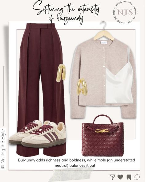 ✨ 4 ways to style burgundy trousers with cardigans✨ Swipe to see how to style these trousers in 4 looks. What’s your favourite? Let me know in the comments👇💬 and share these styling tips with friends 🗣️ ✨Available items and some alternatives will be linked in stories and in September highlights✨ . . . . . #nailingthestyle #outfitoftheday #outfitinspiration #outfitinspo #fashionblogger #virtualstylist #outfitideas #stylingtips #wardrobestaples #effortlesschic #FashionInspo #CasualChic #Fall... Burgundy Trousers Outfit, Burgundy Dress Outfit, Burgundy Pants Outfit, Burgundy Outfits, Burgundy Trousers, Styling Outfits, Burgundy Outfit, Corporate Fashion, Simple Outfit