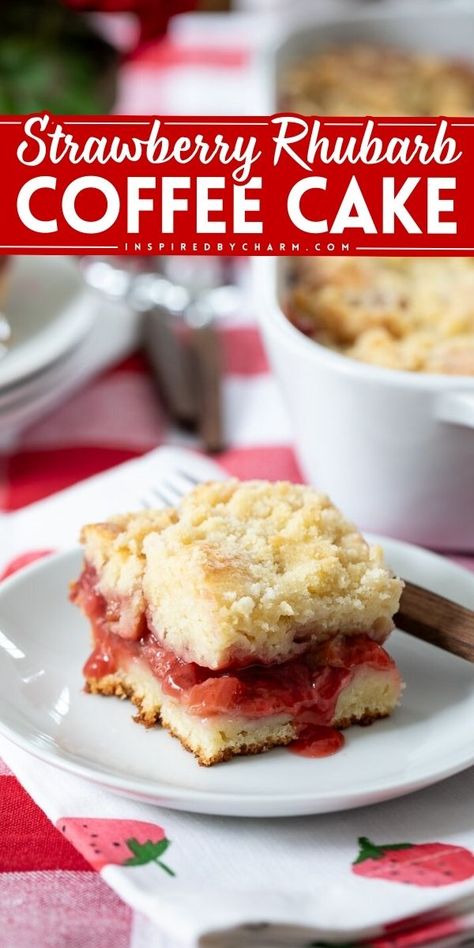 Indulge in this easy Easter dessert recipe! It will become one of your favorite spring baked goods. Not only is this Strawberry Rhubarb Coffee Cake moist, but it also has a sweet and tangy filling plus a buttery crumb topping! Strawberry Rhubarb Coffee Cake, Rhubarb Coffee Cake, Rhubarb Coffee Cakes, Fresh Rhubarb, Streusel Cake, Rhubarb Desserts, Rhubarb Cake, Rhubarb And Custard, Rhubarb Recipes