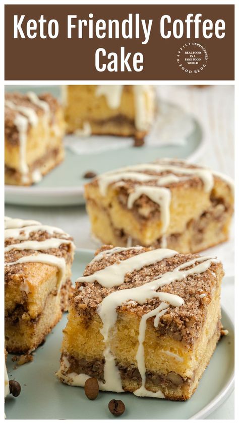 A delicious low carb, gluten free, keto friendly coffee cake drizzled with glaze Gluten Free Coffee Cake Recipe, Keto Coffee Cake, Gluten Free Coffee Cake, Heathy Snack, Sugar Free Recipes Desserts, Keto Holiday, Baking With Almond Flour, Coffee Cake Recipe, Keto Coffee