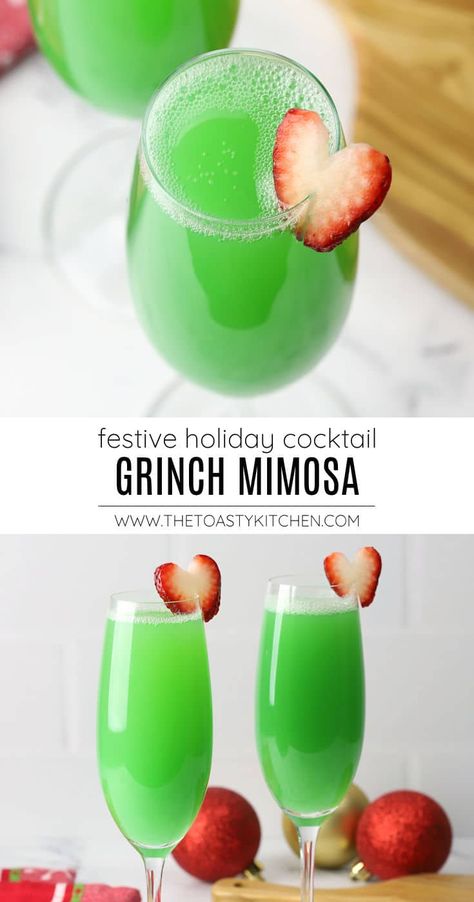 Grinch mimosa recipe by The Toasty Kitchen. What's better than mimosas at brunch? How about a festive Grinch mimosa for the holiday season! Made with champagne, orange juice, and a splash of blue curacao for a perfectly grinchy green hue. #grinchmimosa #greenmimosa #holidaycocktail #cocktails #mimosas #drink #alcoholic #recipe Grinch Mimosa, Champagne Orange, Christmas Drinks Alcohol Recipes, Xmas Drinks, Festive Holiday Cocktails, Christmas Drinks Recipes, Christmas Drinks Alcohol, Christmas Punch Recipes, Mimosa Recipe