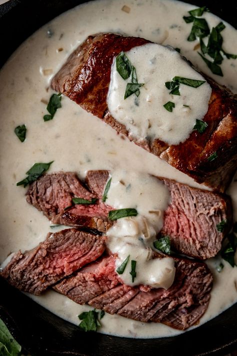 Filet Mignon with Blue Cheese Sauce - Whisked Away Kitchen Sauce For Beef Tenderloin Filet Mignon, Pork Tenderloin With Blue Cheese Sauce, Filet Sauce, Bleu Cheese Sauce For Steak Easy, Filet Mignon Blue Cheese Sauce, Bleu Cheese Recipes, Cheese Sauce For Steak, Filet Mignonette In Cast Iron, Filet Mignon Sauce