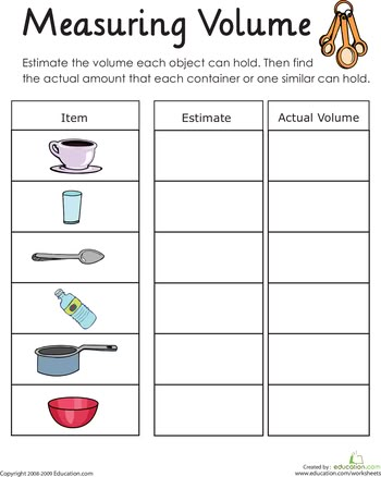 SC.2.P.8.6 - Measure and compare the volume of liquids using containers of various shapes and sizes.  _____ Worksheets: Measuring Volume: How Much Liquid Can it Hold? Liquid Volume 3rd Grade, Measuring Volume Activities, First Grade Measurement, Capacity Worksheets, Volume Activities, Volume Worksheets, Volume Math, Measuring Volume, Measurement Worksheets